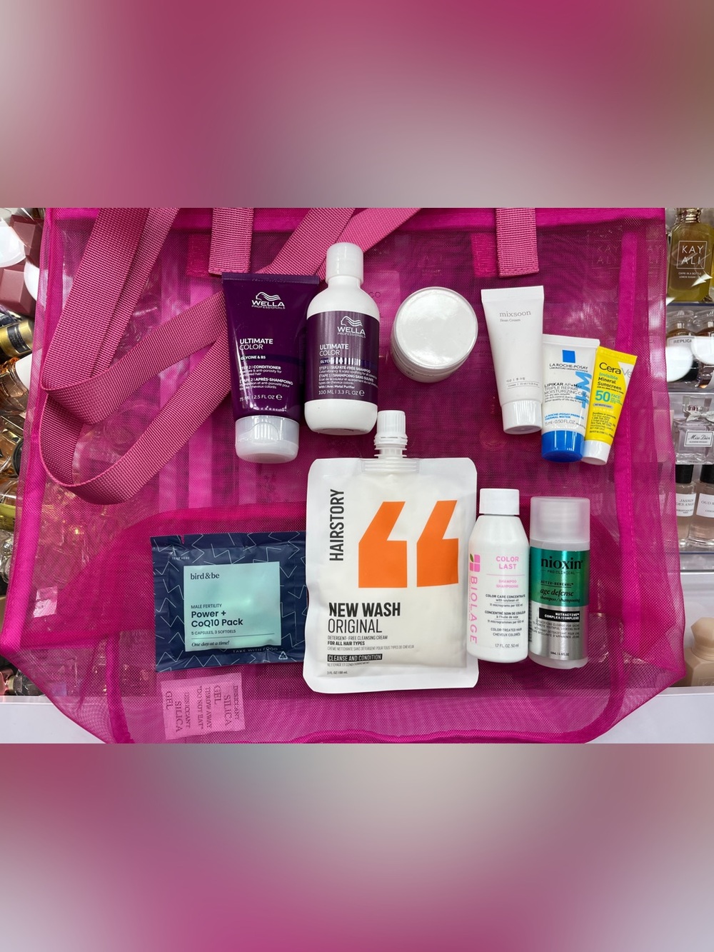 New Mesh Pink Tote Bag with Assorted Beauty Items